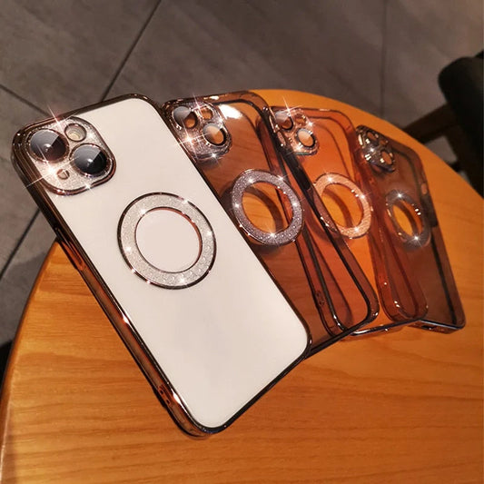 Electroplated TPU iPhone case with diamond ring design and lens protection