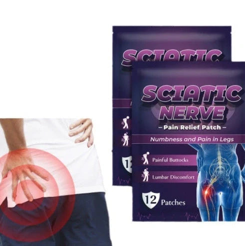 Sciatic Nerve Acupoint Patch showing plaster form with 12 patches per bag, each patch 26g