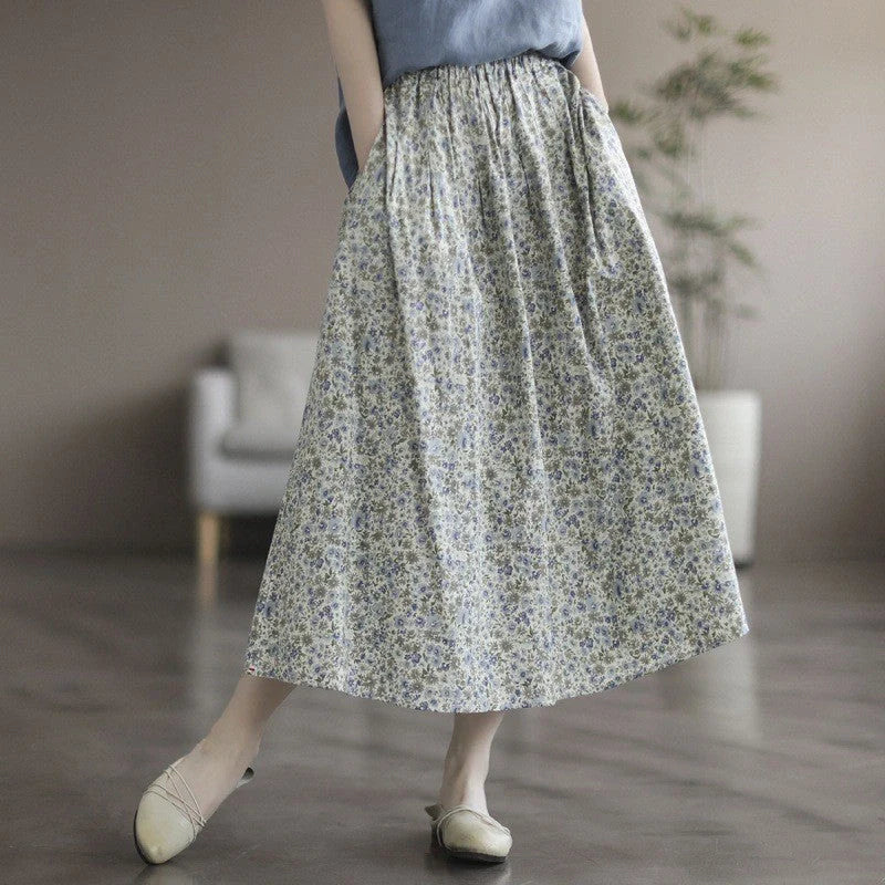 Elegant floral-printed cotton skirt with pleated design, available in yellow and blue flower patterns