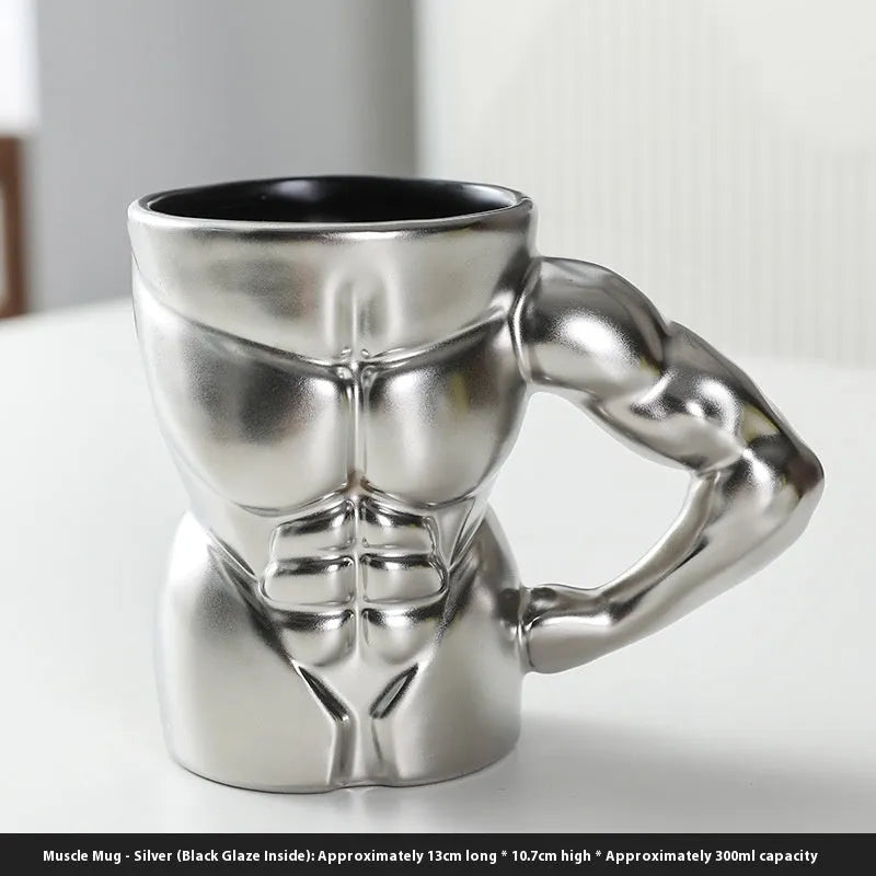 Men's ceramic mug with embossed muscular arm design in matte black finish, 300ml capacity