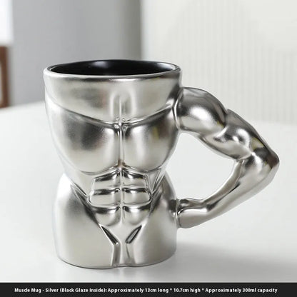 Men's ceramic mug with embossed muscular arm design in matte black finish, 300ml capacity