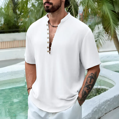Men's deep V-neck short sleeve casual shirt in cotton linen blend available in multiple colours