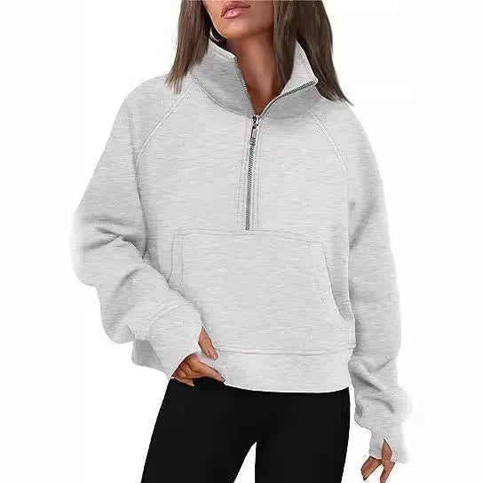 Women's loose lapel fleece-lined sweater in a solid colour with raglan long sleeves.