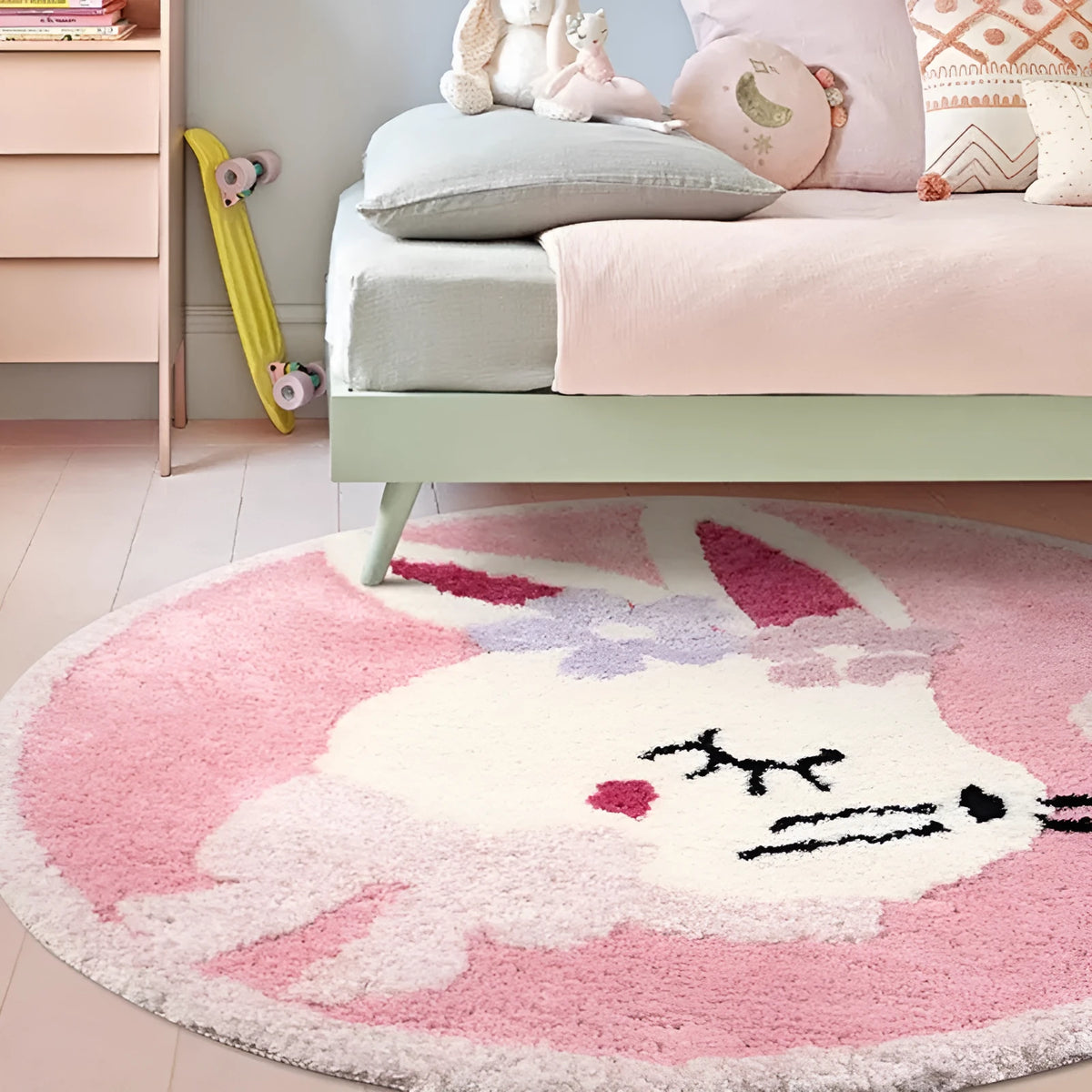 Round soft polyester children's floor carpet in forest green with anti-slip backing, shown beside a bed.
