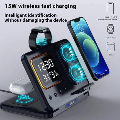 Black wireless charging station showing phone, watch and headphones charging, with digital clock display.