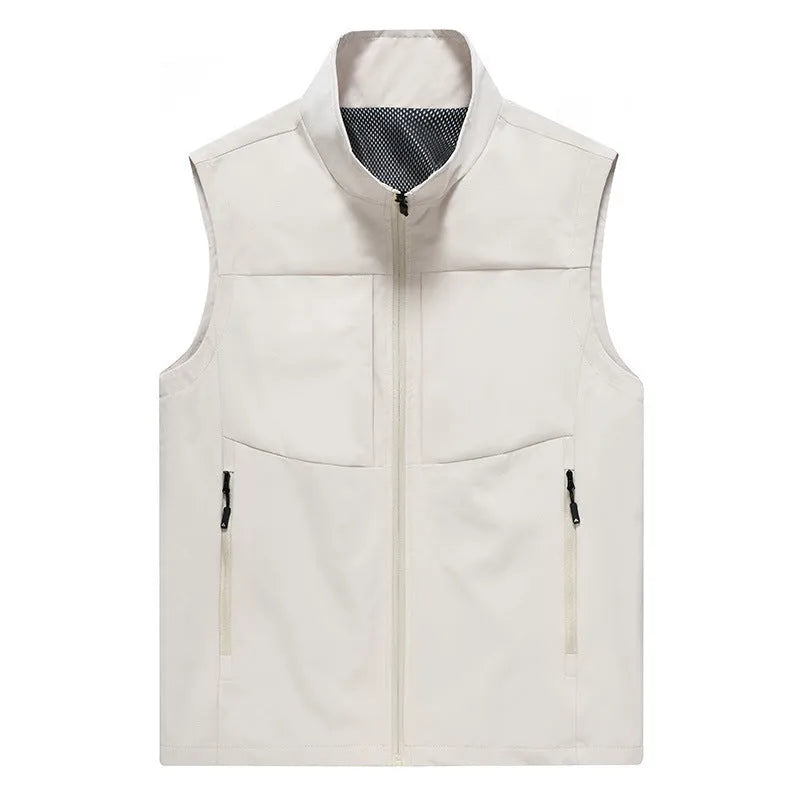 Men's loose fit cardigan vest in khaki with stand collar and zipper pockets