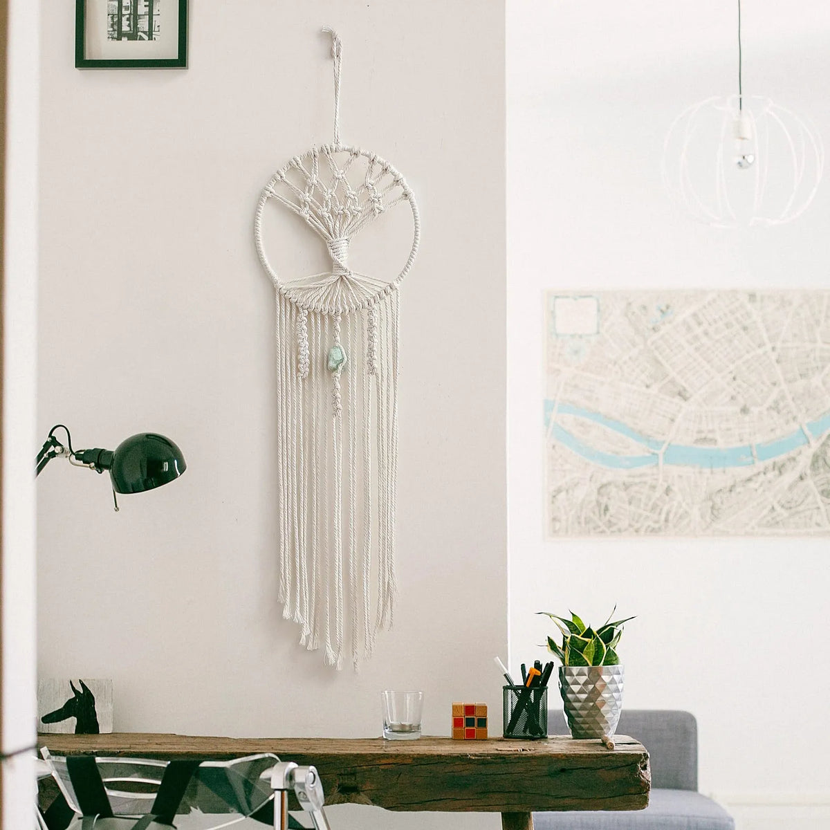 Handmade rectangular dream catcher tree tapestry woven from cotton rope, 73 cm long.