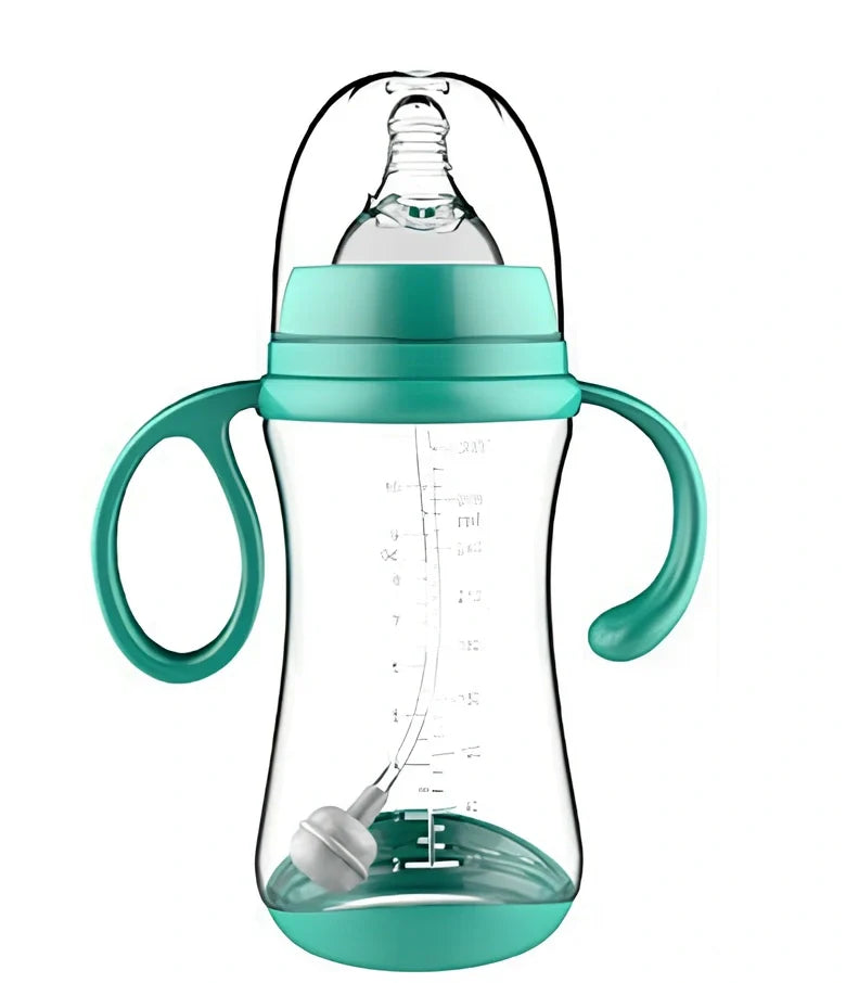 Blue PP baby feeding bottle with curved handles, 240mL capacity, wide calibre, transparent BPA-free design for easy cleaning