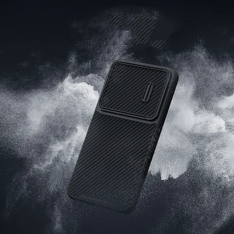 Black Samsung Galaxy S23 Ultra mobile phone case with integrated lens push cover made from TPU, PC, and carbon fibre.