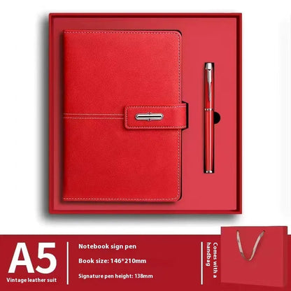 A5 notebook with imitation leather cover in colour options including black, red, green, blue, and orange.
