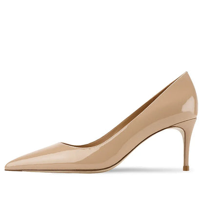 Women's black and nude pointed toe high heel slip-on pumps with soft sole.