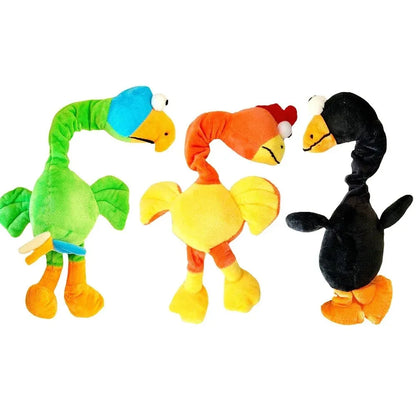Screaming chicken sound dog chew toy in black, green and orange colours