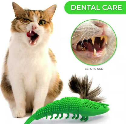 Blue hard rubber cat chew toy with catnip and a bell for dental care and interactive play.