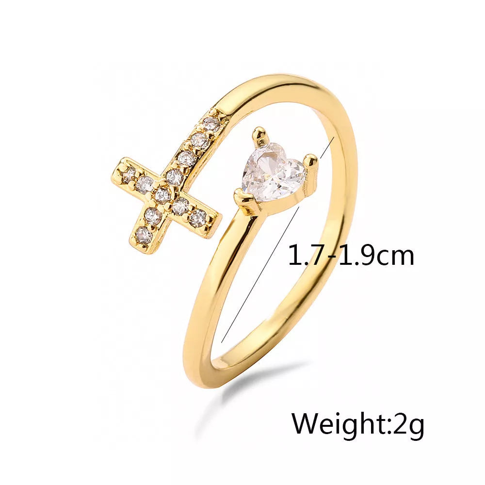 Adjustable CZ zircon cross evil eye ring for women with geometric design