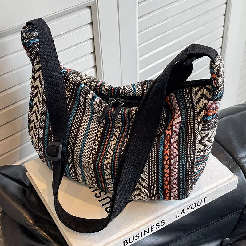 Women's ethnic style canvas crossbody dumpling bag in multiple colours with decorative sewing thread details