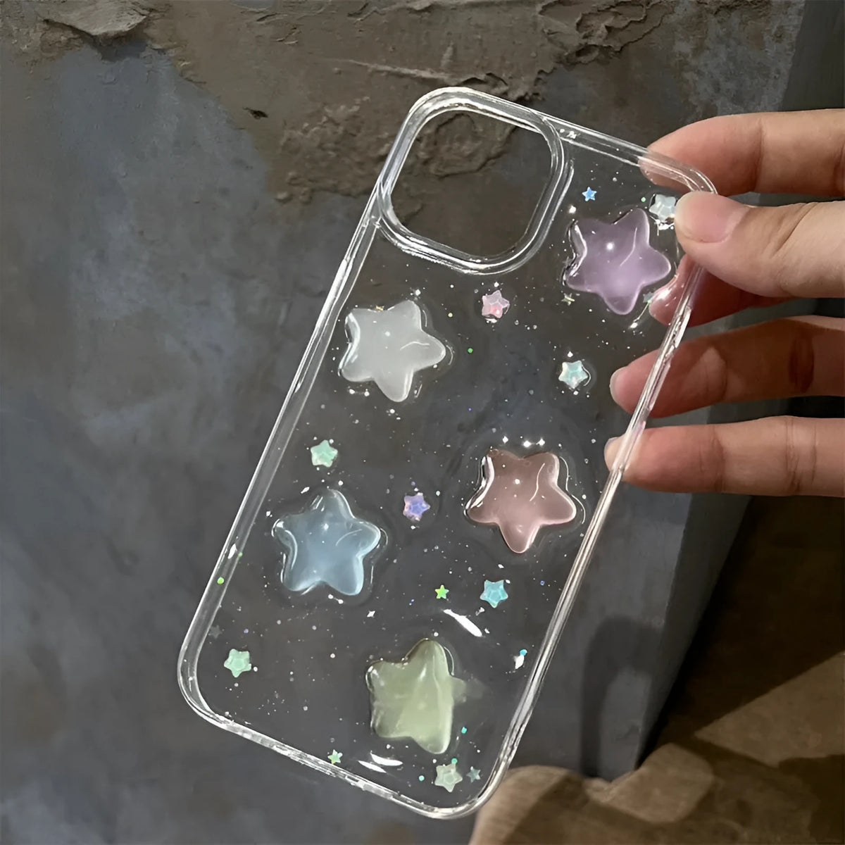 Glitter epoxy phone case with 3D five-pointed star design for iPhone models