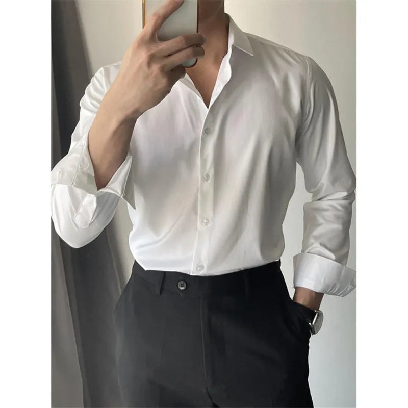 Men's Korean-style slim fit casual shirt in chemical fibre blend fabric available in white black and dark grey