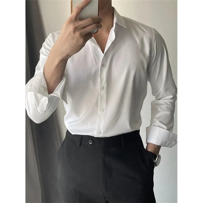 Men's Korean-style slim fit casual shirt in chemical fibre blend fabric available in white black and dark grey