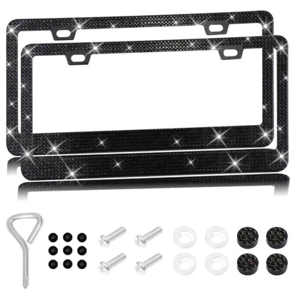 Stainless steel license plate frame with square holes for applying coloured acrylic diamond crystals.