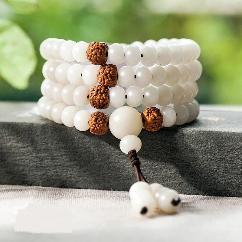 White jade Bodhi beads bracelet with 6x8mm beads in multiple decorative styles for men and women