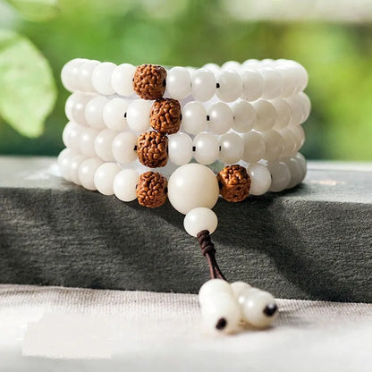 White jade Bodhi beads bracelet with 6x8mm beads in multiple decorative styles for men and women