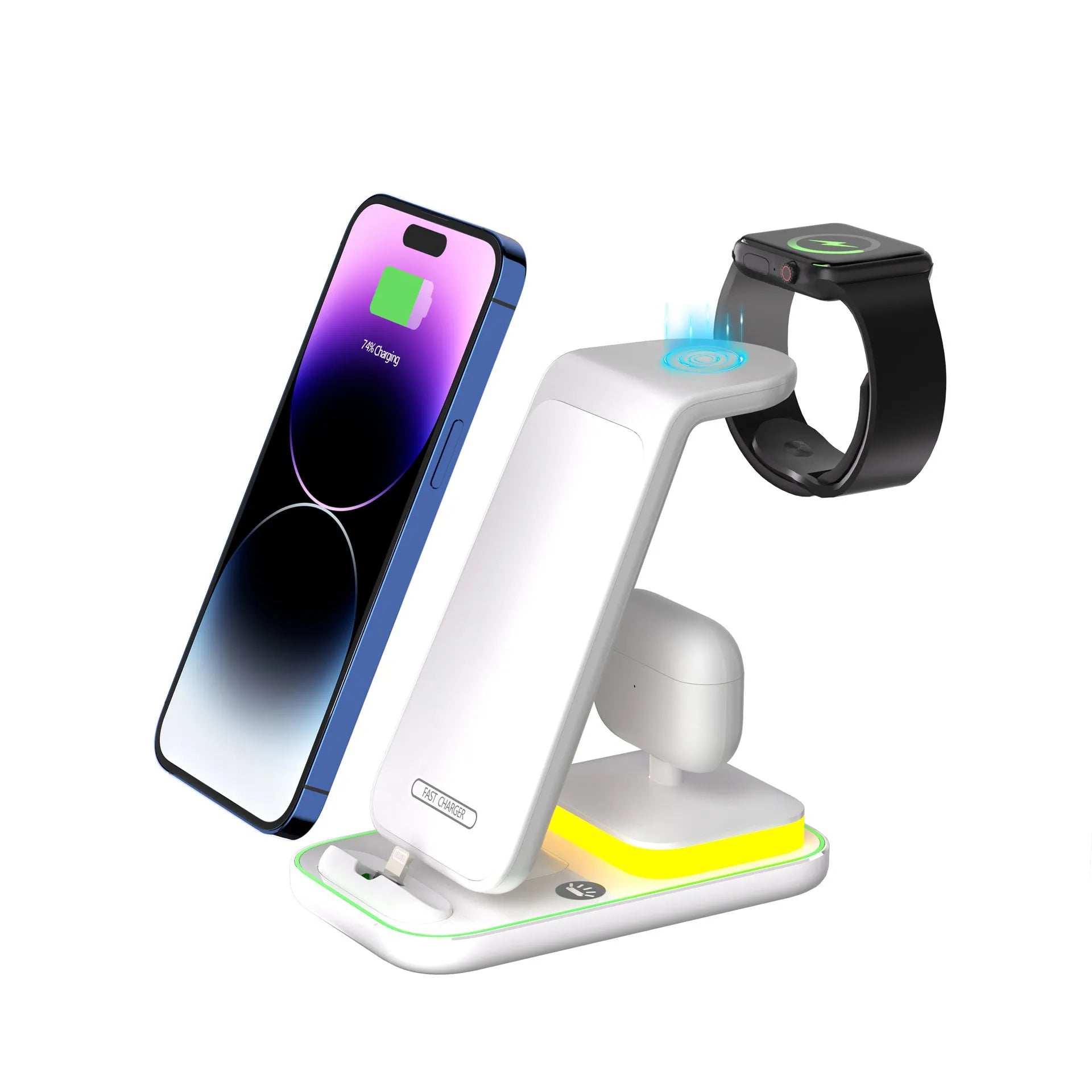 Vertical wireless charger stand charging phone and smart watch simultaneously