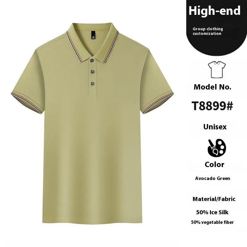 Solid colour Ice Silk polo shirt for work and casual wear in various colours on a hanger.