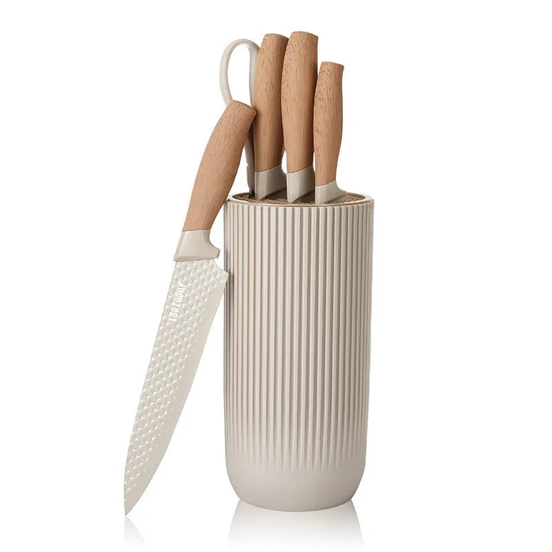 Five-piece kitchen knife set with stainless steel dish knife, scissors and khaki wood grain PP TPR handles