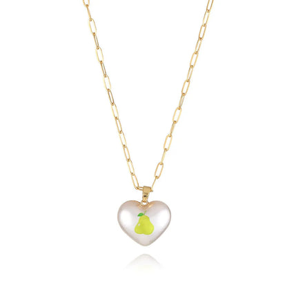 Geometric fruit heart pendant necklace on an adjustable chain, showing strawberry, pineapple, apple, pear, and cherry design options.