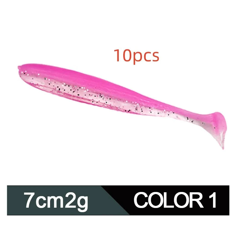 Soft plastic worm lure with a two-tone T tail, shown in one of its 14 colour options.