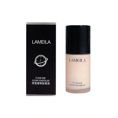 Moisturising concealer foundation bottle showing liquid texture with four shade options for skin tone correction