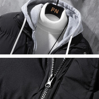Men's Cozy Hooded Jacket in various colors, featuring a durable polyester exterior, insulating inner lining, and adjustable hood for winter warmth and protection.