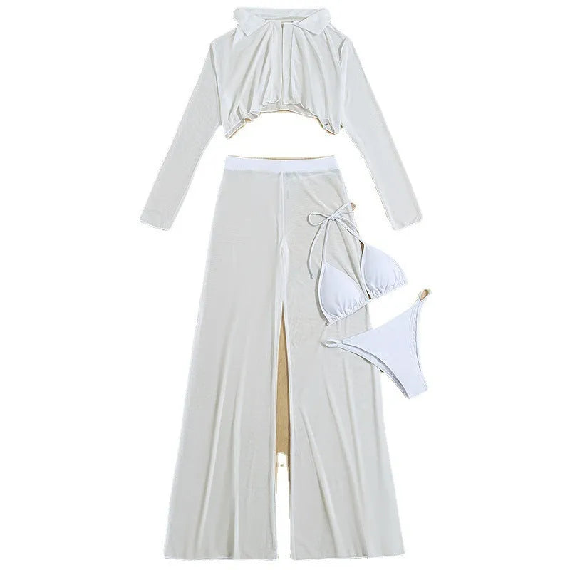 White women's four-piece swimsuit set with high-waist trousers and backless design