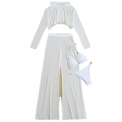 White women's four-piece swimsuit set with high-waist trousers and backless design