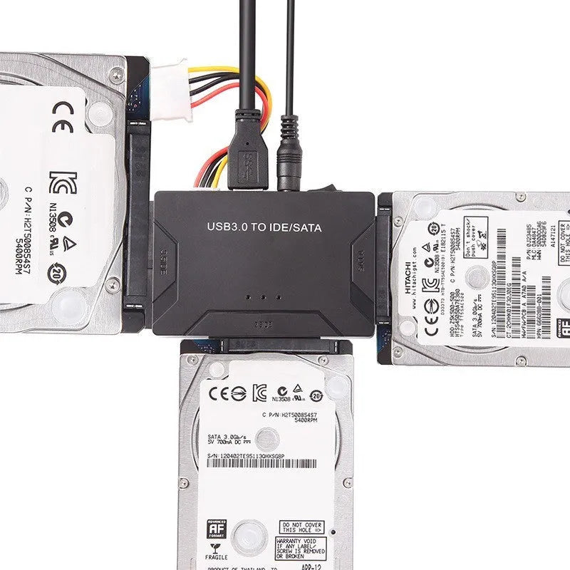 USB to IDE and SATA hard drive adapter with power supply and data cables for desktop drive connectivity