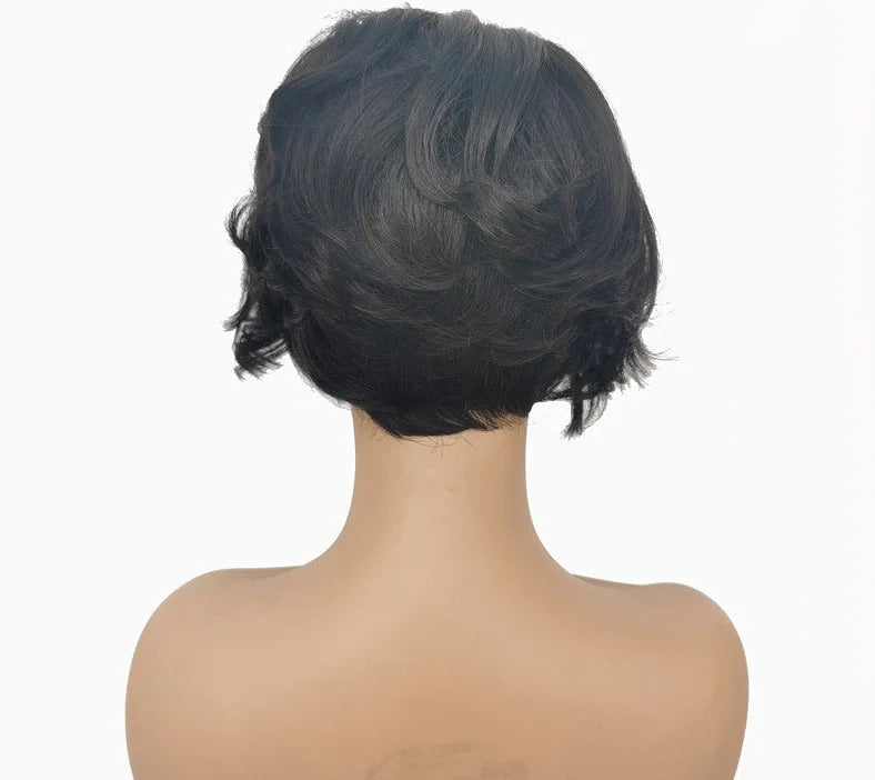 Short real human hair lace wig with oblique bangs and natural hairline appearance