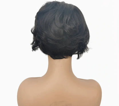 Short real human hair lace wig with oblique bangs and natural hairline appearance