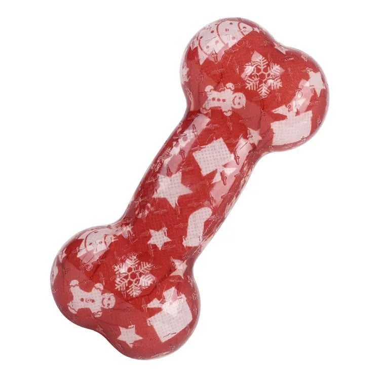 Printed bone TPR dog toy that squeaks when bitten in seasonal colours