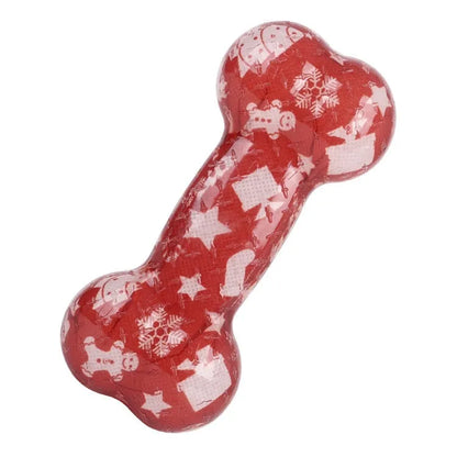 Printed bone TPR dog toy that squeaks when bitten in seasonal colours