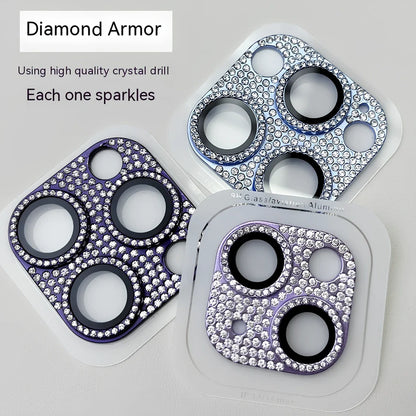 Diamond-embedded iPhone lens protector with 9H hardness showing black colour option on iPhone 15 Pro
