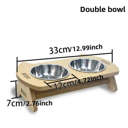 Wooden cat feeder with two stainless steel bowls for food and water, shown in large and small sizes.