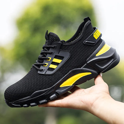 Men's low-top black work shoe with Flyknit upper and steel toe cap on a grey background