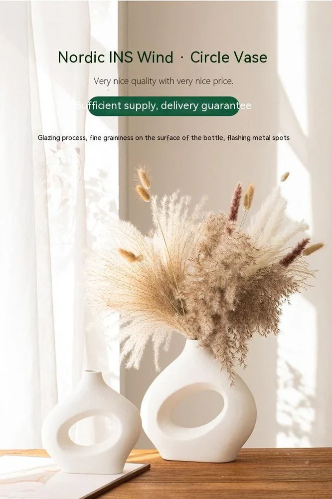 Handmade white medium ceramic circle vase second generation, 18.2cm height with polished glaze for modern decor