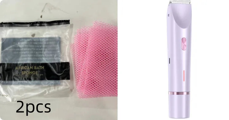 Pink electric shaver with double head, USB cable, and brush for women's body grooming