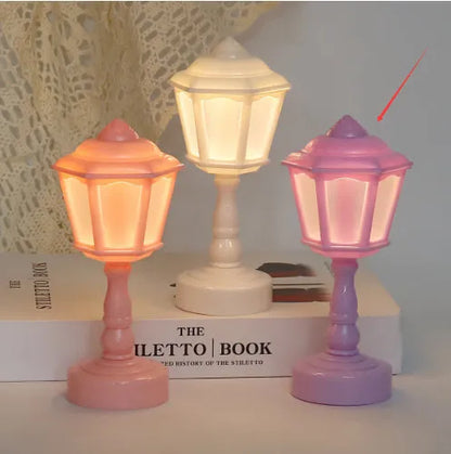 Retro pagoda geometric design night lamp with built-in battery in light purple colour