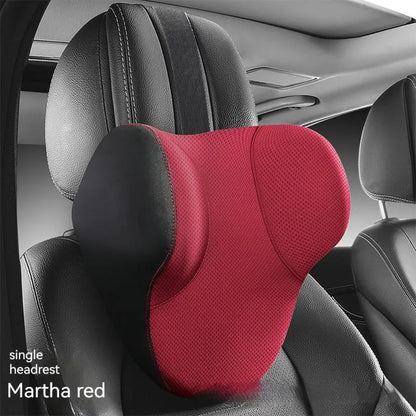 Memory foam car lumbar support pillow and matching headrest in knitted fabric with latex filler