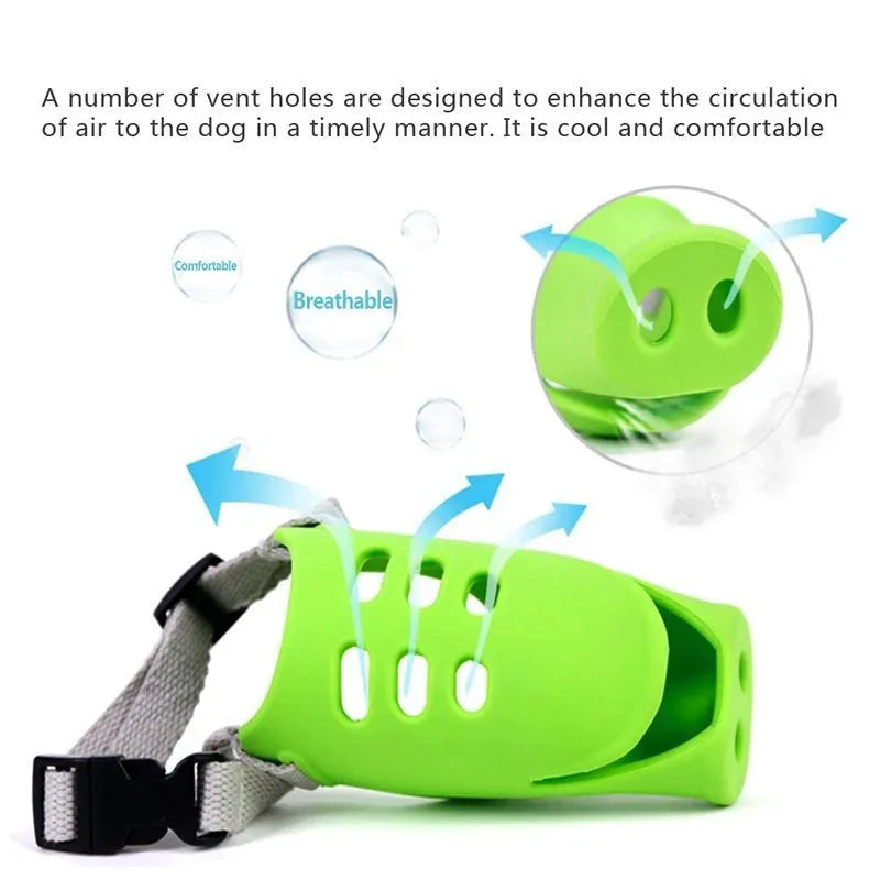 Green and blue silicone dog anti-bite mouth cover for long-snouted pets in two sizes
