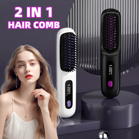Cordless hair straightener brush with fast heating, long-lasting battery, and USB charging for effortless styling on-the-go