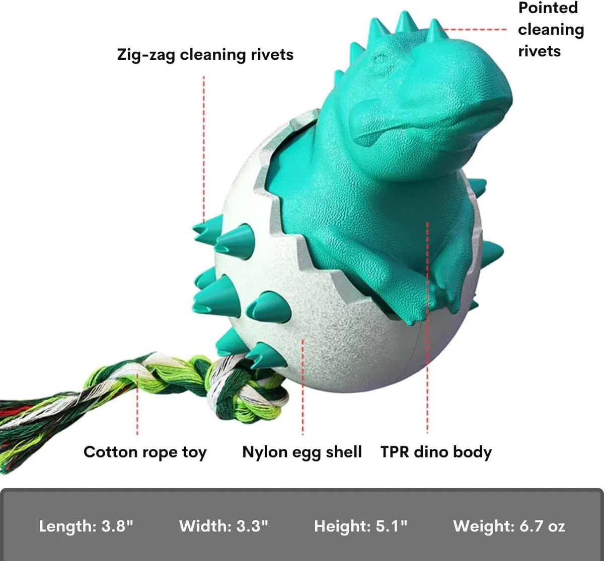 Blue dinosaur-shaped dog chew toy with rope attached, showing textured surface with nubs and grooves