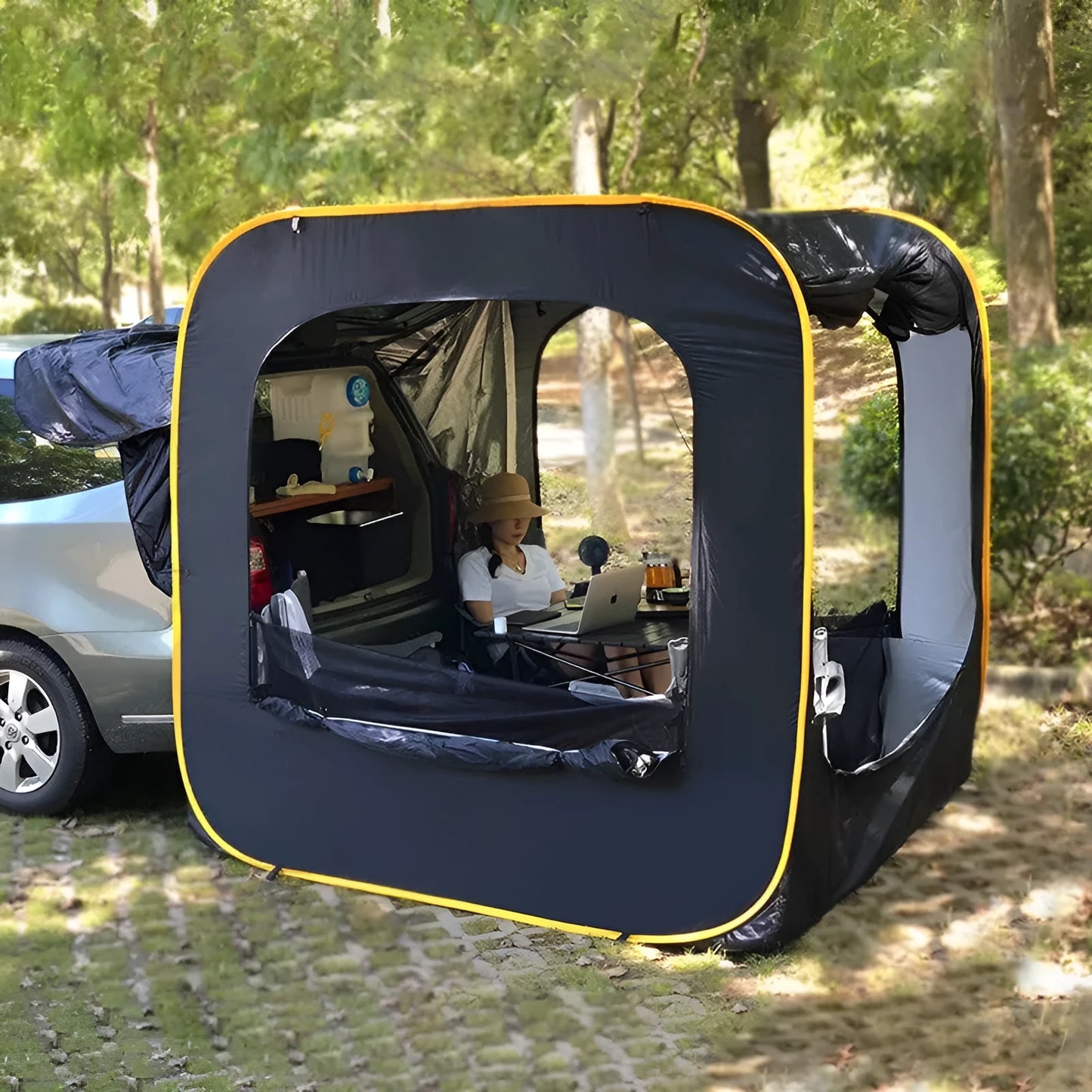 Outdoor pop-up camping car tail tent in black colour with quick assembly design